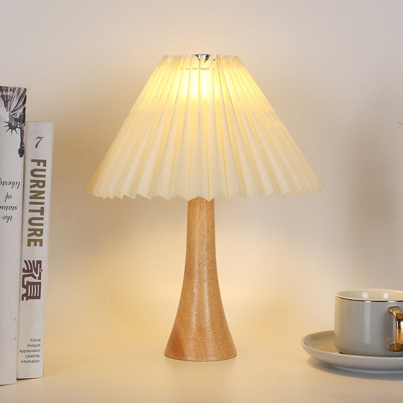 Traditional Japanese Pleated Fabric Shade Wood Column Base LED USB Table Lamp For Bedroom