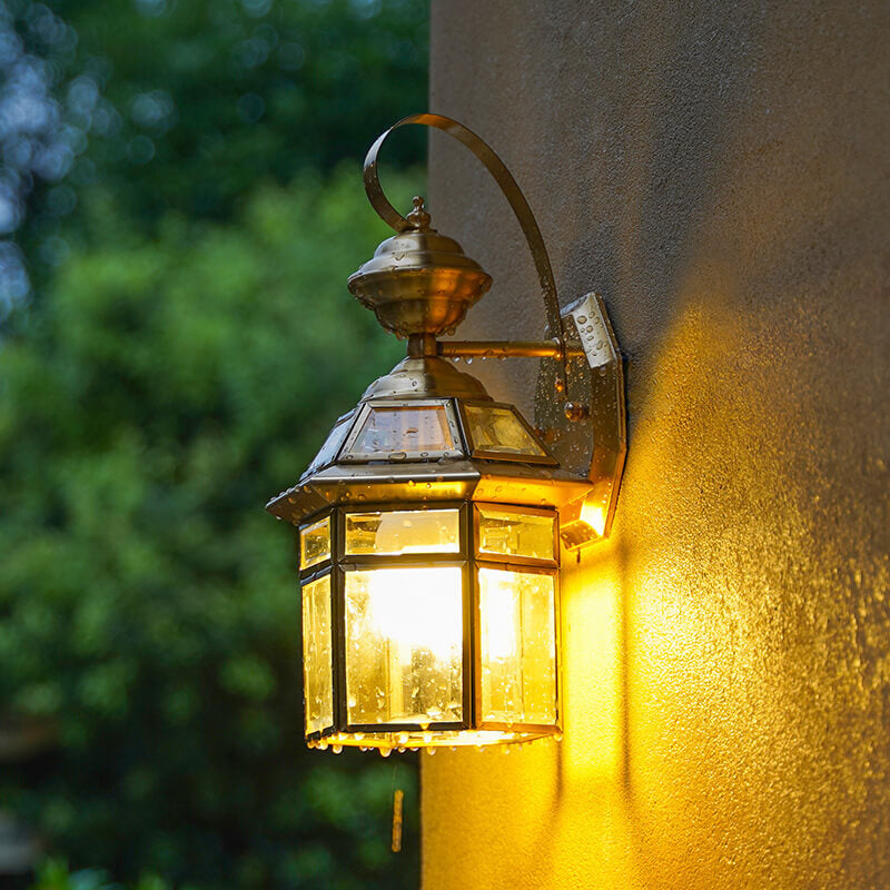 European Outdoor Hexagonal Cage Glass Copper 1-Light Waterproof Wall Sconce Lamp