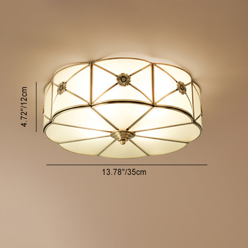 Traditional European Brass Glass Round Hand Carved 3/4/6 Light Flush Mount Ceiling Light For Living Room