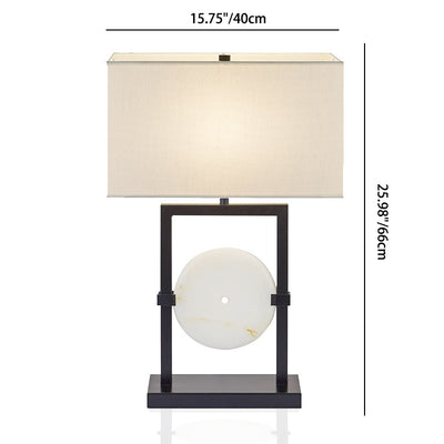 Traditional Chinese Rectangular Frame Round Hardware Marble Fabric 1-Light Table Lamp For Bedroom