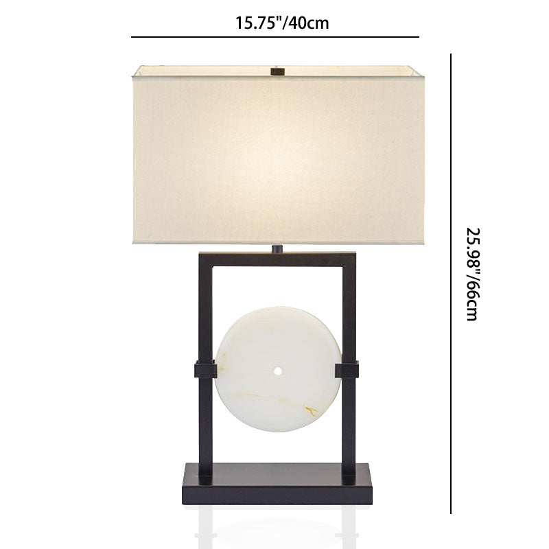 Traditional Chinese Rectangular Frame Round Hardware Marble Fabric 1-Light Table Lamp For Bedroom