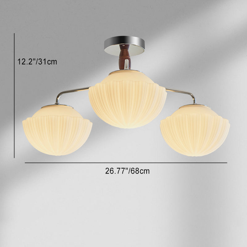 Traditional French Bowl Ribbed Iron Wood Glass 3/5/8 Light Semi-Flush Mount Ceiling Light For Living Room