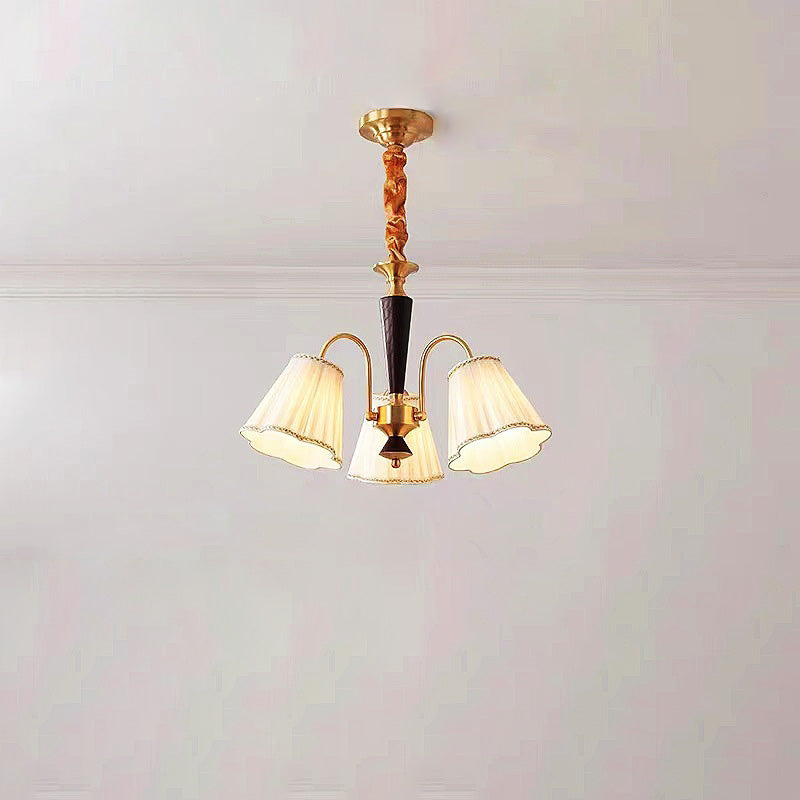 Traditional French Floral Branch Fabric Walnut Brass 3/6 Light Chandelier For Bedroom