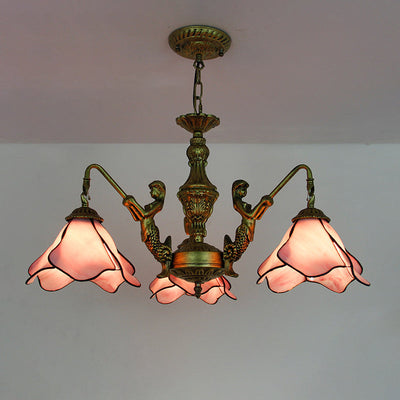 Traditional Tiffany Floral Iron Glass 3/5 Light Chandelier For Living Room