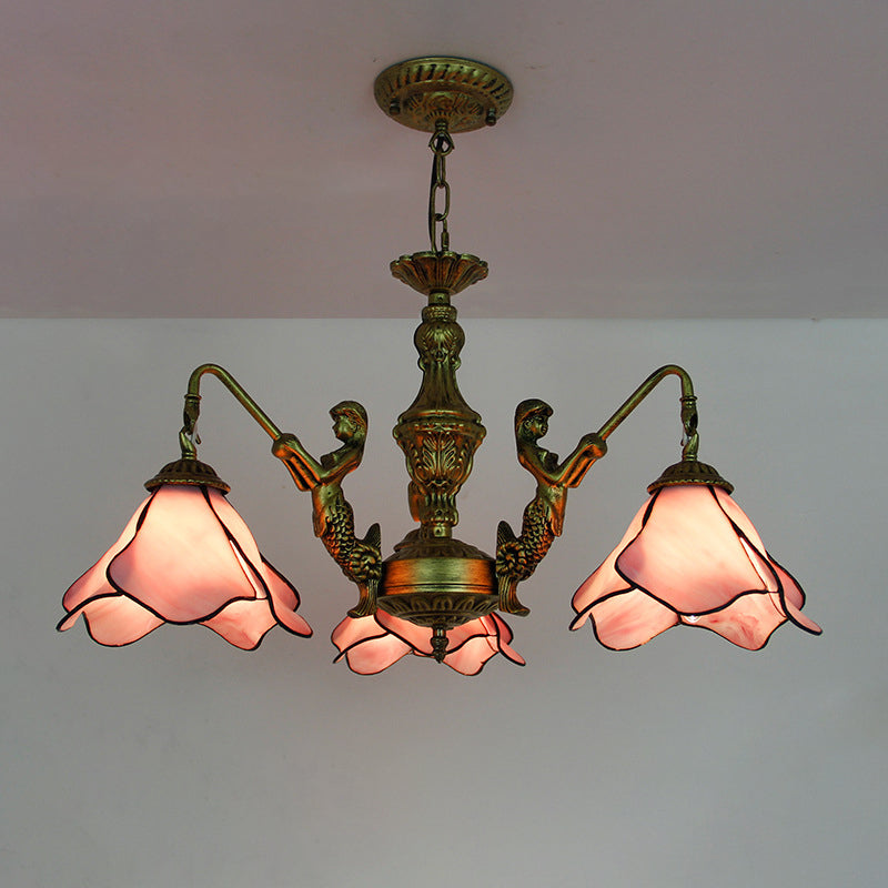 Traditional Tiffany Floral Iron Glass 3/5 Light Chandelier For Living Room