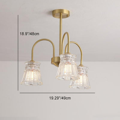 Contemporary Retro Curved Rod Flower Cup Copper Glass 3/5/6 Light Chandelier For Living Room