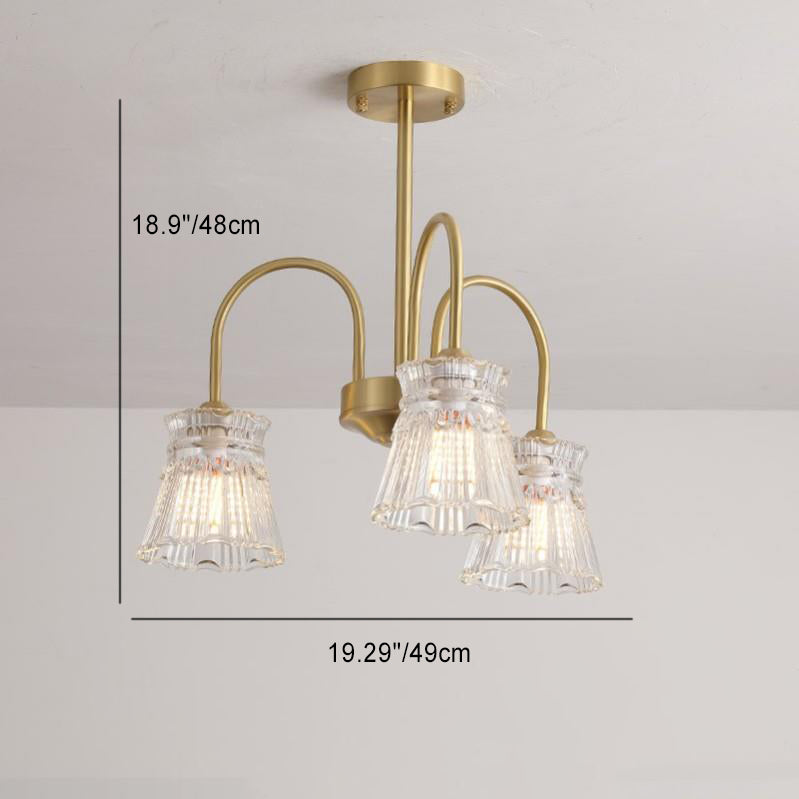 Contemporary Retro Curved Rod Flower Cup Copper Glass 3/5/6 Light Chandelier For Living Room