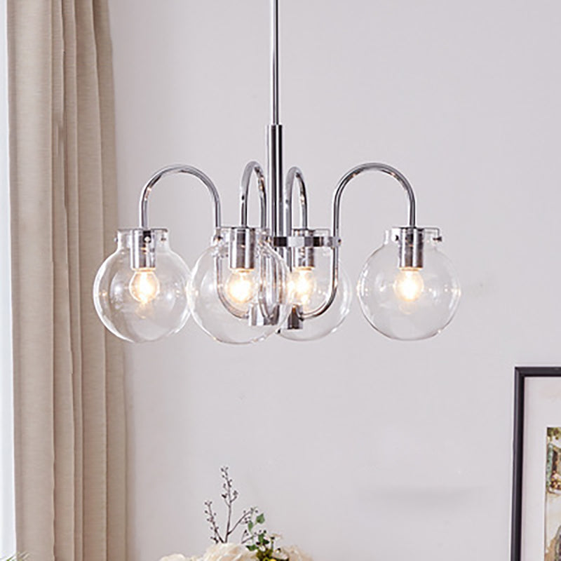 Contemporary Nordic Branch Curved Rod Round Globe Iron Glass 4/5 Light Chandelier For Living Room