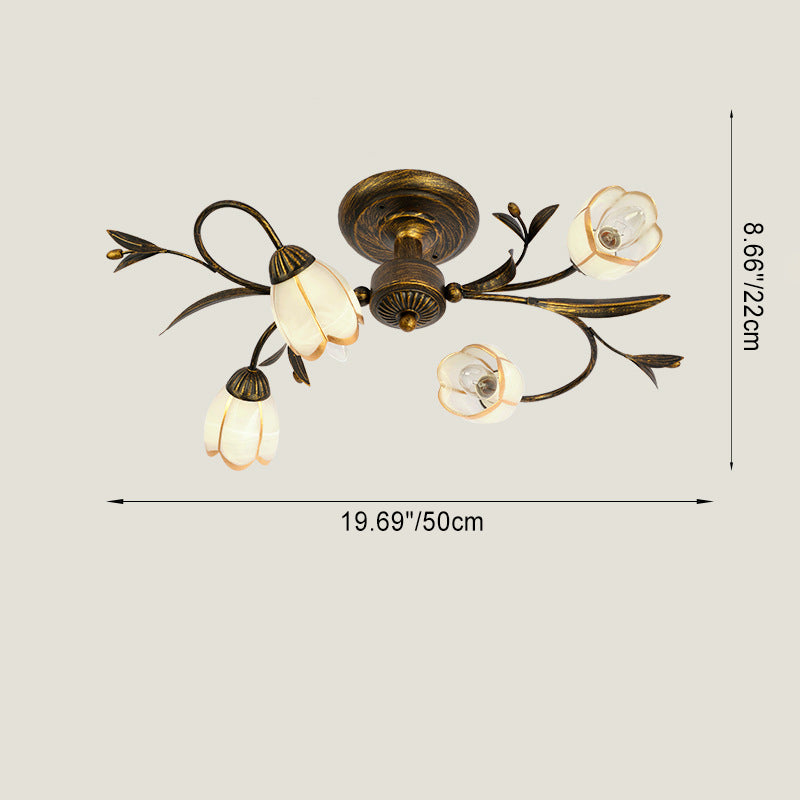 Traditional French Flower Shaped Iron Glass 4/6/8/10/12 Light Semi-Flush Mount Ceiling Light For Bedroom