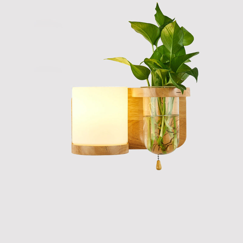 Modern Minimalist Rectangular Cylinder Orb Glass Wood 1-Light Wall Sconce Lamp For Living Room