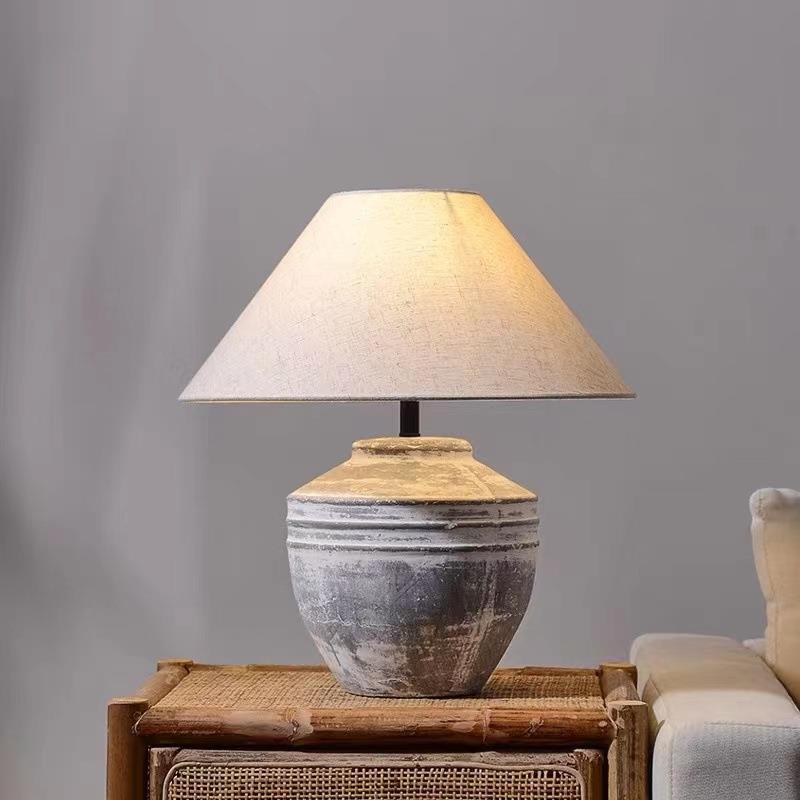 Traditional Vintage Handmade Ceramic Fabric Pot Conic 1-Light Table Lamp For Bedside