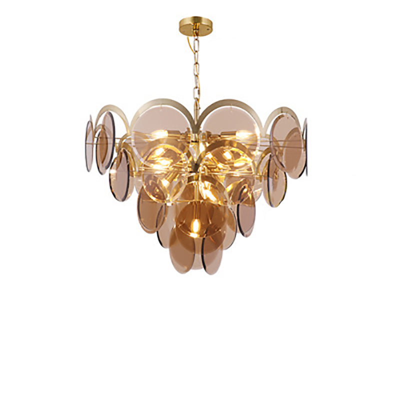 Modern Luxury Golden Finish Frame Tiered Glass Disc Shade 7/13-Light Chandelier For Living Room