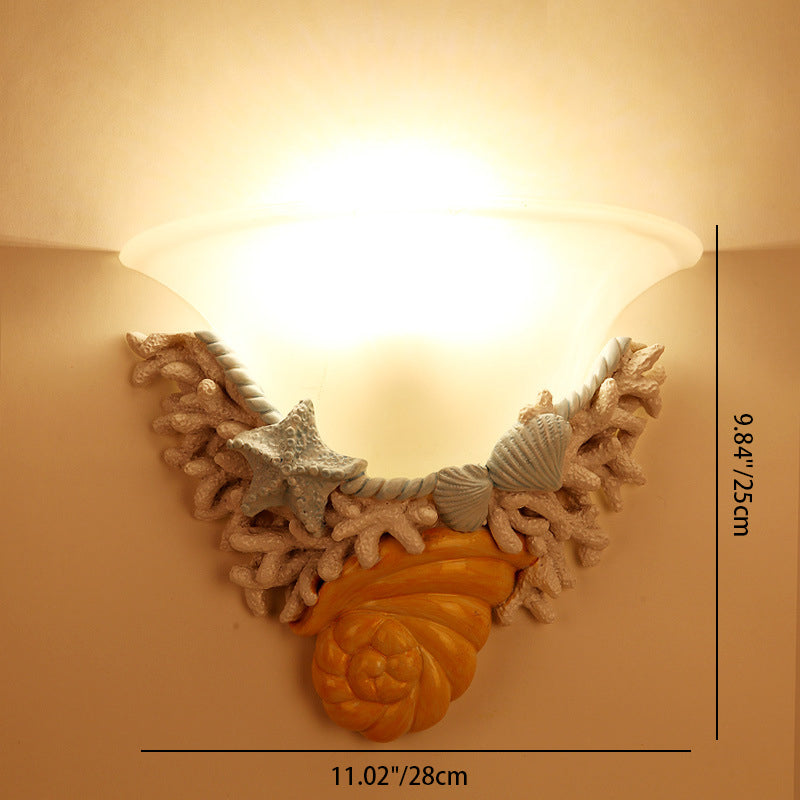 Contemporary Creative Resin Starfish Decorative Trumpet Glass Shade 1-Light Wall Sconce Lamp For Bedroom