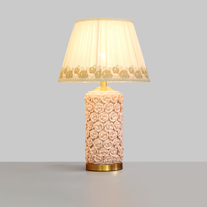 Contemporary Creative Rose Vase Base Cylinder Copper Ceramic Fabric 1-Light Table Lamp For Bedroom