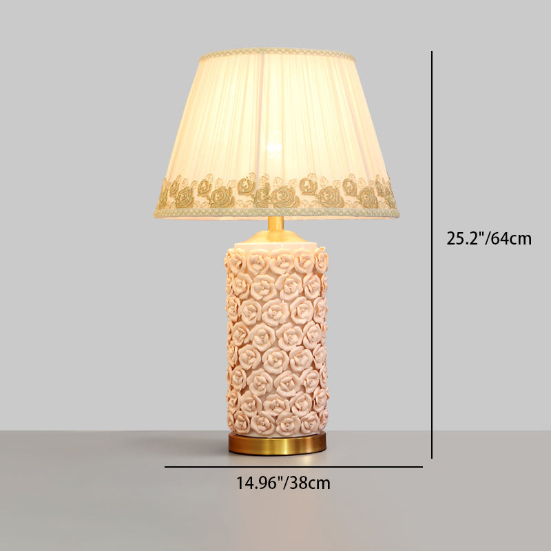 Contemporary Creative Rose Vase Base Cylinder Copper Ceramic Fabric 1-Light Table Lamp For Bedroom