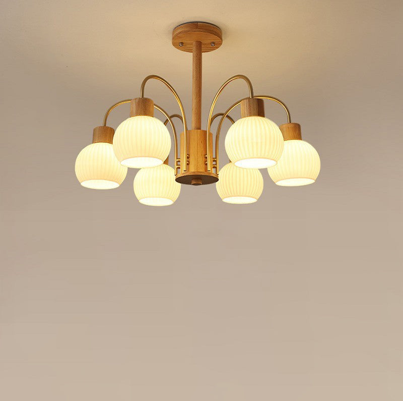 Modern Minimalist Branch Round Solid Wood Glass Hardware 6/8 Light Chandelier For Living Room