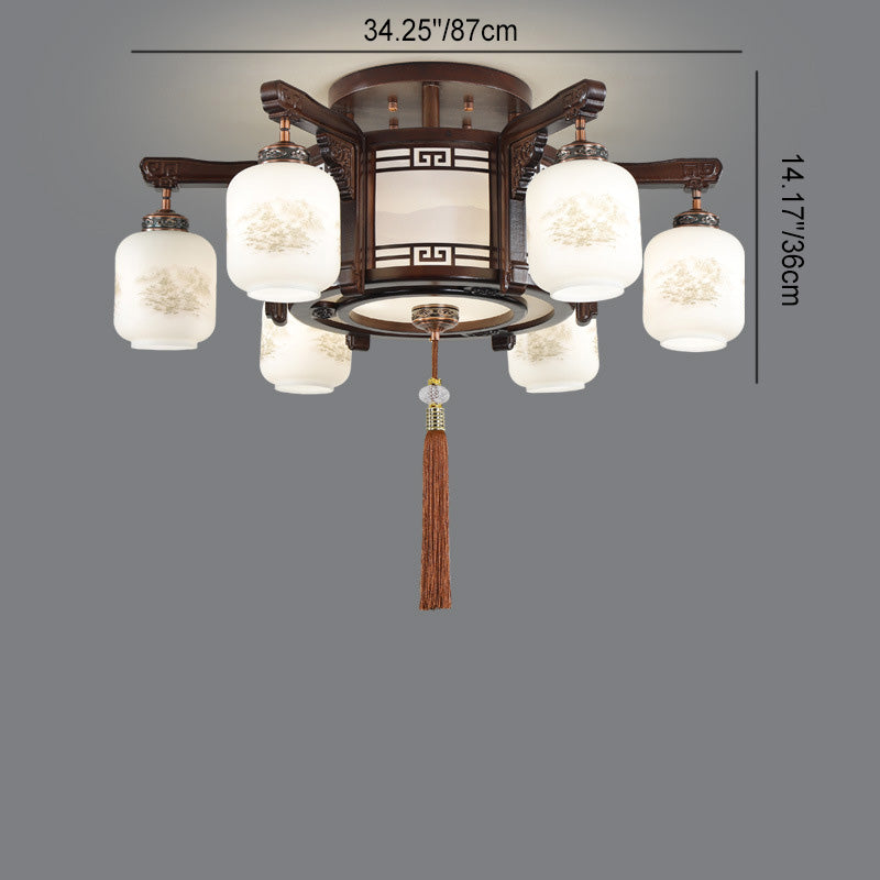 Traditional Chinese Wood Acrylic Glass Round Rectangular Lantern 6/8/10 Light Flush Mount Ceiling Light For Living Room