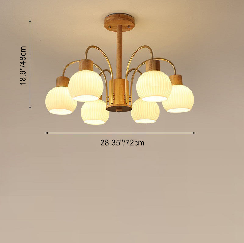 Modern Minimalist Branch Round Solid Wood Glass Hardware 6/8 Light Chandelier For Living Room