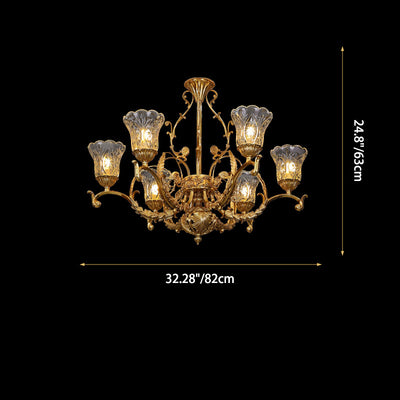 Traditional French Floral Leaf Branch Glass Copper 6-Light Chandelier For Bedroom