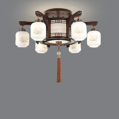 Traditional Chinese Wood Acrylic Glass Round Rectangular Lantern 6/8/10 Light Flush Mount Ceiling Light For Living Room