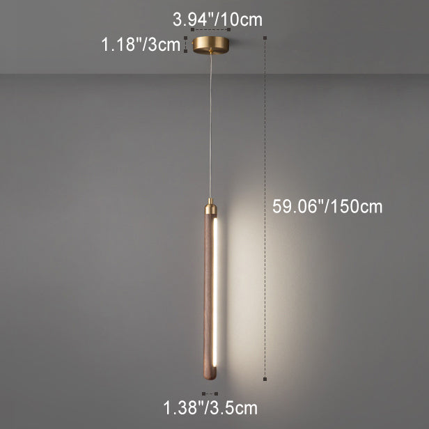 Modern Minimalist Linear Wood Copper Acrylic LED Pendant Light For Bedroom