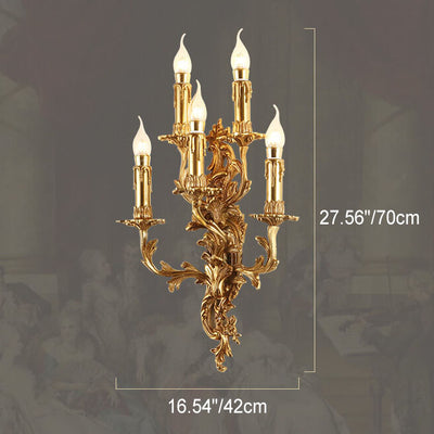 French Vintage Brass Candle Carved 5-Light Wall Sconce Lamp