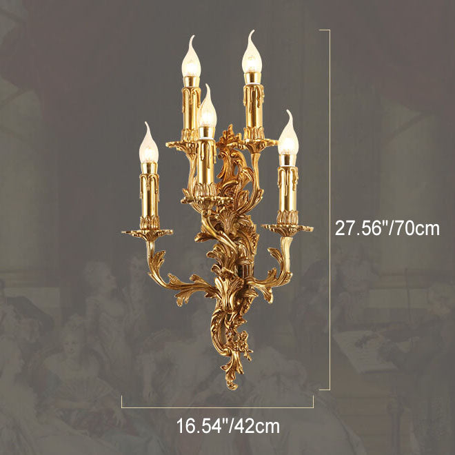 French Vintage Brass Candle Carved 5-Light Wall Sconce Lamp