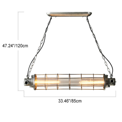 Contemporary Industrial Cylinder Grid Iron Glass 2-Light Island Light Chandelier For Dining Room