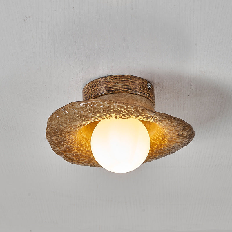 Traditional Vintage Straw Hat Resin Hardware 1-Light Flush Mount Ceiling Light For Bedroom