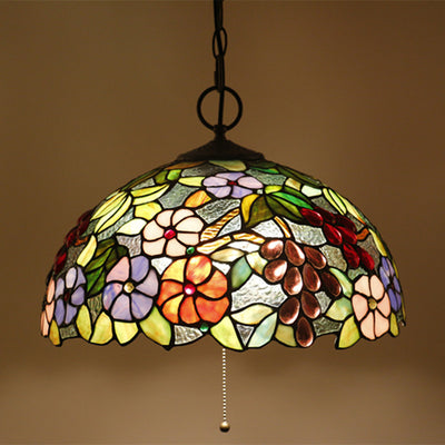 Traditional Tiffany Half Round Grape Flowers Iron And Glass 3-Light Pendant Light For Bedroom