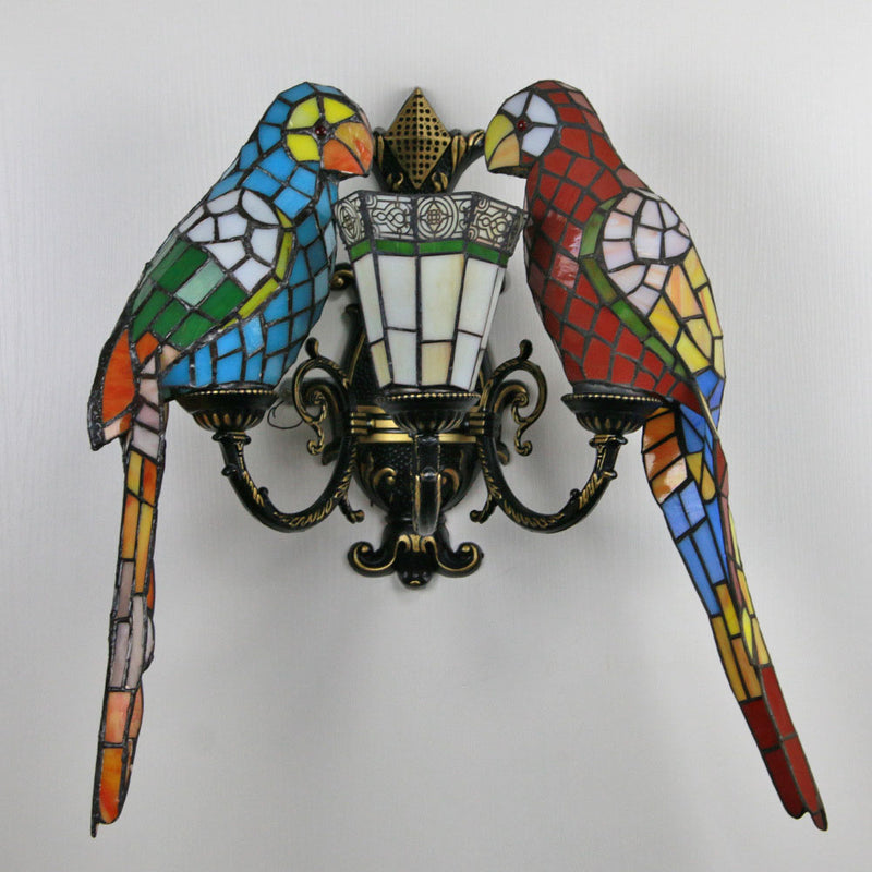 Traditional Tiffany Parrot Round Table Half Round Iron Glass 3-Light Wall Sconce Lamp For Living Room