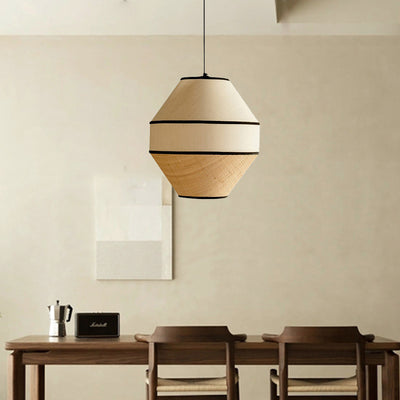 Traditional Japanese Cylinder Conic Trapezoidal Iron Fabric 1-Light Pendant Light For Dining Room