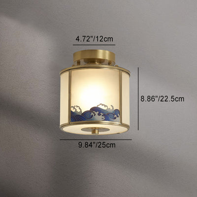 Traditional Chinese Brass Glass Cylinder 1-Light Semi-Flush Mount Ceiling Light For Living Room