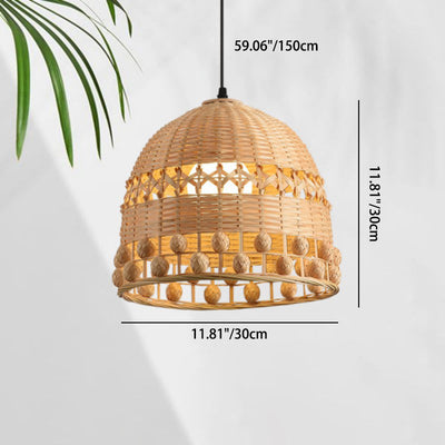 Traditional Chinese Round Dome Bamboo Weaving Hollow 1-Light Pendant Light For Living Room