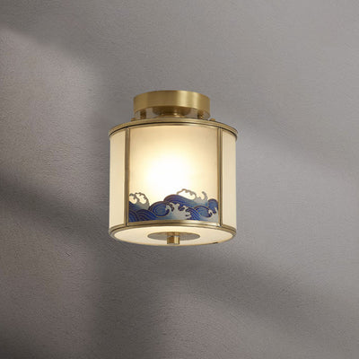 Traditional Chinese Brass Glass Cylinder 1-Light Semi-Flush Mount Ceiling Light For Living Room