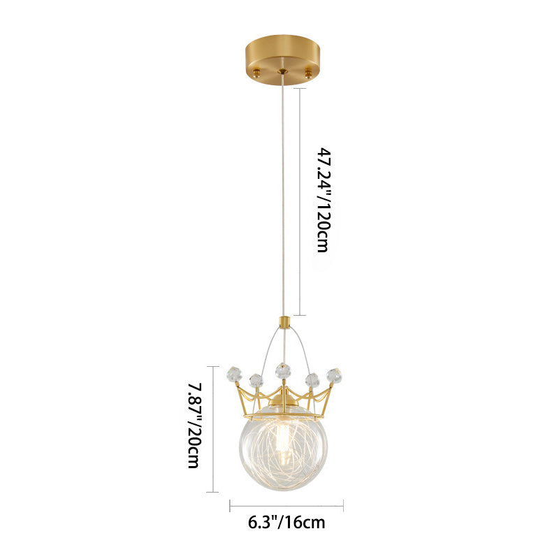 Modern Luxury Crown Orb All Brass Glass 1-Light Pendant Light For Bedroom