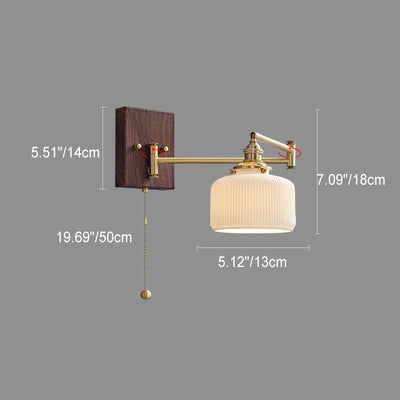 Traditional Japanese Round Cylinder Cone Swing Arm Wood Grain Full Copper Ceramic 1-Light Wall Sconce Lamp For Bedroom