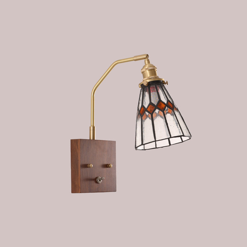 Contemporary Retro Square Cone All Copper Wood Glass 1-Light Wall Sconce Lamp For Living Room