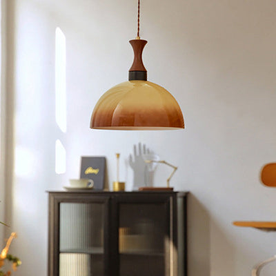 Modern Mid-Century Half Round Wood Glass 1-Light Pendant Light For Living Room