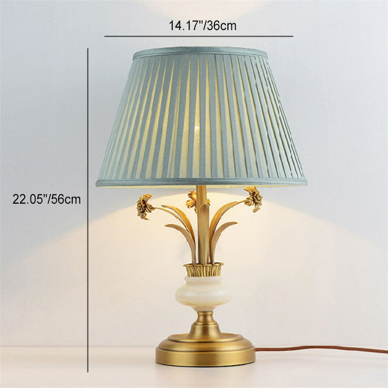 Modern Minimalist Round Trapezoidal Flower Leaf Base Brass Jade Fabric 1-Light Table Lamp For Bedroom