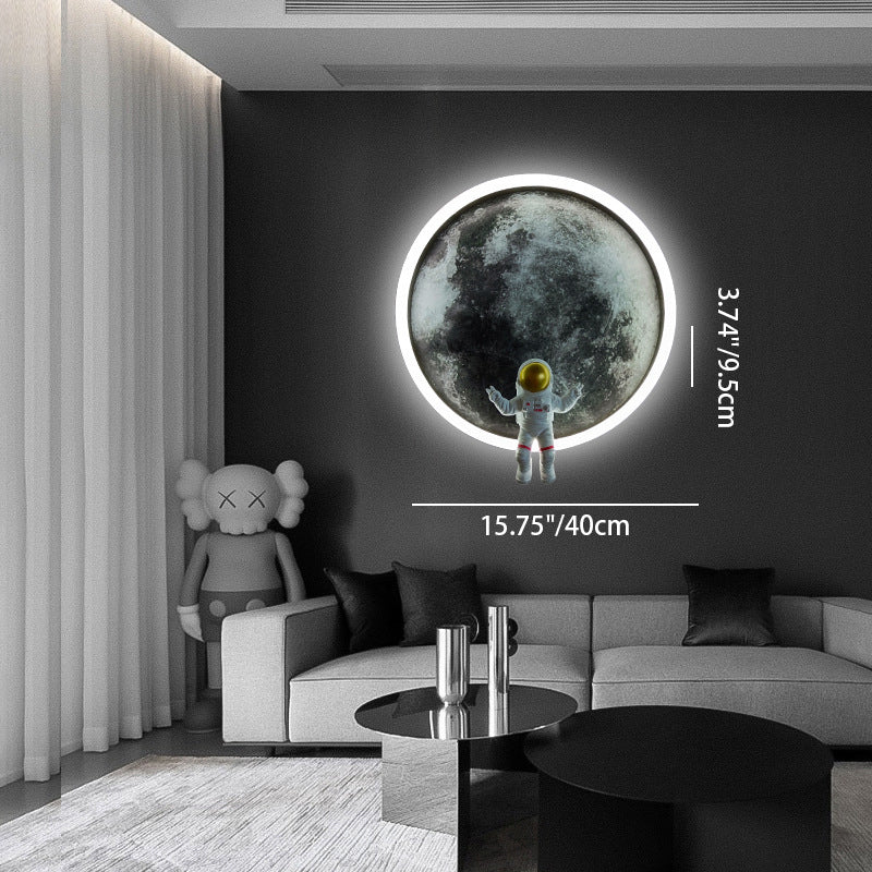 Contemporary Creative Round Lunar Astronaut Hardware Resin LED Wall Sconce Lamp For Bedroom