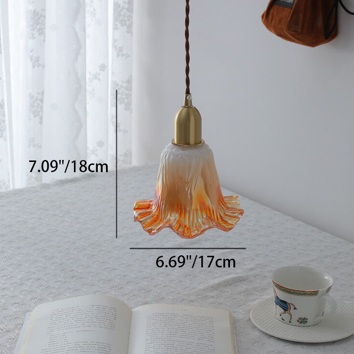 Traditional French Glass Flower Copper 1-Light Pendant Light For Dining Room