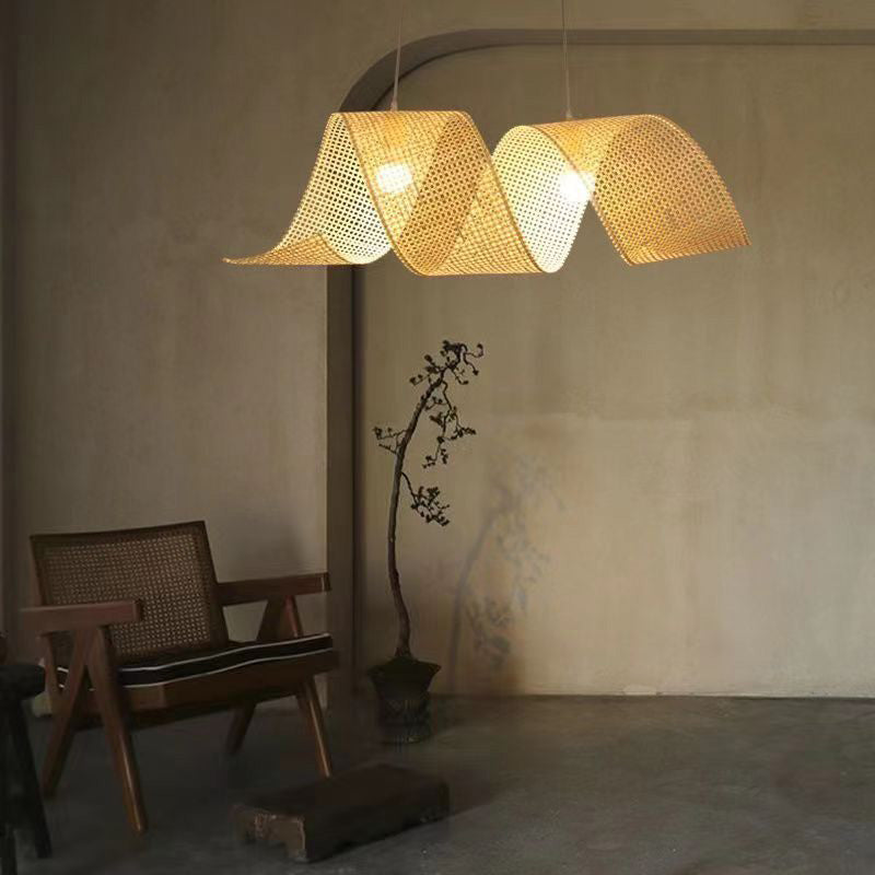 Traditional Japanese Bamboo Weaving Ribbon Shape 2/3-Light Chandelier For Dining Room