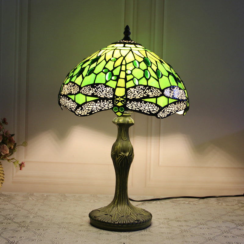 Traditional Tiffany Dragonfly Stained Glass Resin Base 1-Light Table Lamp For Home Office