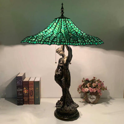 Lampe de table traditionnelle à 3 lumières en verre teinté Tiffany Umbrella Goddess pour chambre à coucher 