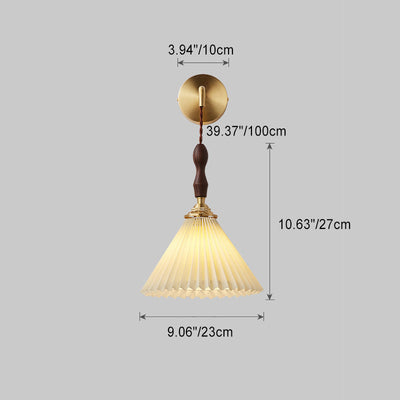 Traditional Japanese Copper Walnut Fabric Ceramic Conic Pleated 1-Light Wall Sconce Lamp For Bedside