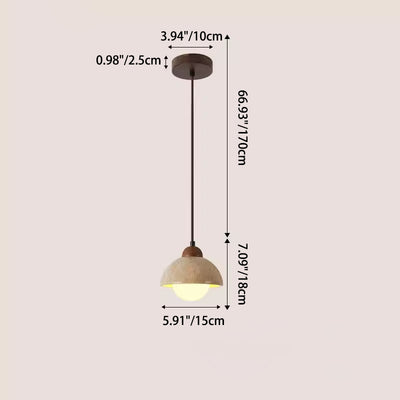 Contemporary Scandinavian Half Globe Cylindrical Stone Solid Wood Glass 1-Light Pendant Light For Bedroom