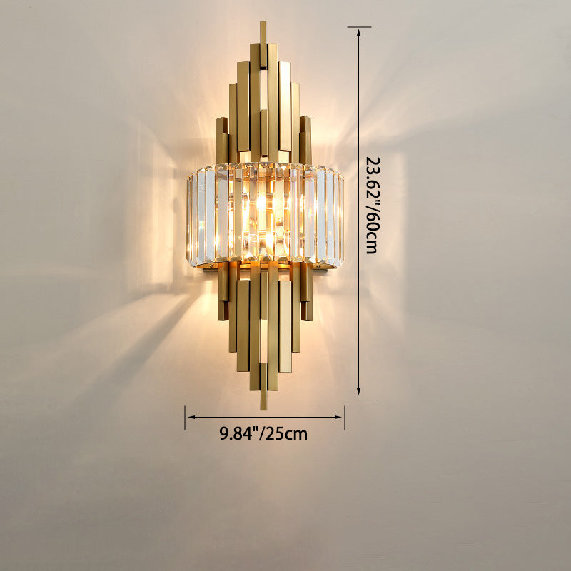 Contemporary Luxury Metal Hardware Crystal Cylinder Strip Rhombic 2-Light Wall Sconce Lamp For Living Room