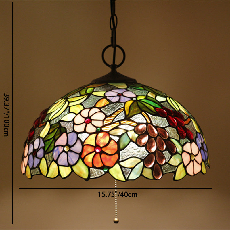 Traditional Tiffany Half Round Grape Flowers Iron And Glass 3-Light Pendant Light For Bedroom