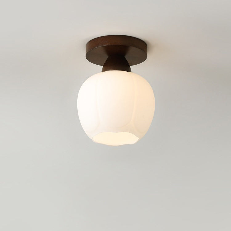 Modern Minimalist Lantern Glass Wood 1-Light Semi-Flush Mount Ceiling Light For Living Room